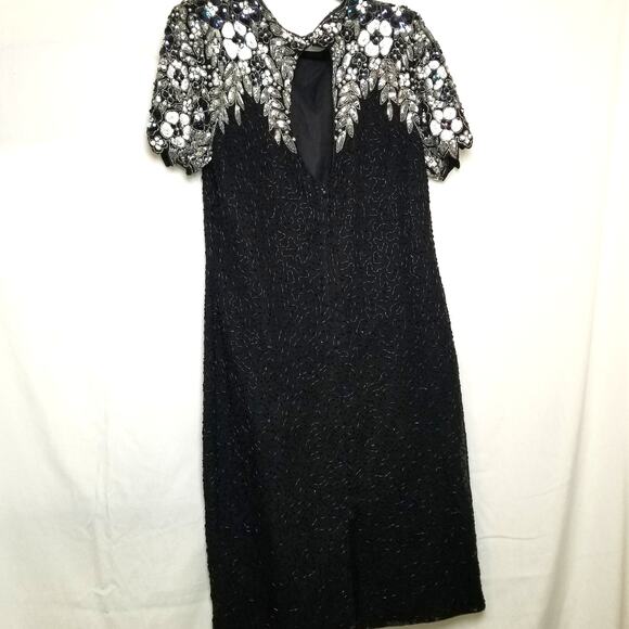 Holiday Party-Night Vogue Formal Black Silk Beaded Sequin Dress Knee Length Sz M - Picture 4 of 13